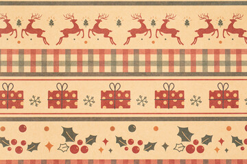 vintage christmas background with sreindeer and gift box and holly,seamless christmas pattern background,Christmas wrapping paper, Xmas pattern with ornaments.