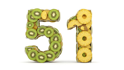 Number fifty-one made of sliced kiwi and pineapple on a white background