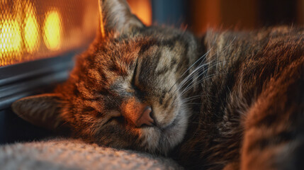 Tabby cat sleeping cozy by fireplace warmth