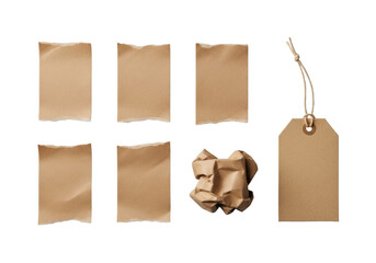 Four natural brown kraft tapes with torn edges, one crumpled, and a blank tag with light beige twine on a seamless transparent background. High-key, minimalist product concept.