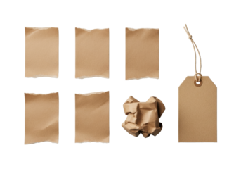 Four natural brown kraft tapes with torn edges, one crumpled, and a blank tag with light beige twine on a seamless transparent background. High-key, minimalist product concept.