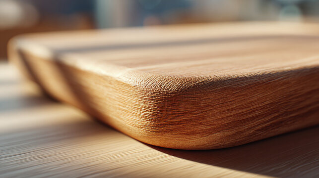 A close-up shot of a wooden cutting board with a textured surface, bathed in sunlight, highlighting the natural grain and smooth curves. 