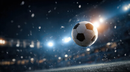 Naklejka premium Soccer ball flying in snowy stadium during night game
