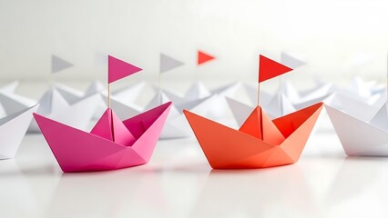 Two brightly colored origami paper boats lead a fleet of white boats, symbolizing leadership and teamwork on a white surface