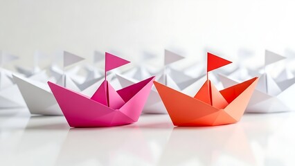 Two colorful paper boats, pink and orange, leading a line of white paper boats on a white surface