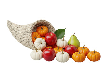 Light woven cornucopia, mini orange/white pumpkins, red apples, green pear, and green leaf, artfully arranged on transparent, no shadows, pristine harvest abundance concept