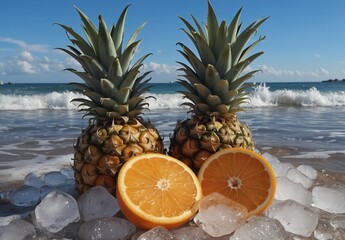 tropical fruits with pineapple and orange slices on ice with ocean waves in the background.