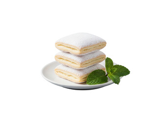 Three delicate, fluffy white Angel Wing pastries dusted with powdered sugar on a minimalist white plate with a fresh mint leaf, bright studio light on transparent background, elegant food photography