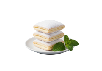 Three delicate, fluffy white Angel Wing pastries dusted with powdered sugar on a minimalist white plate with a fresh mint leaf, bright studio light on transparent background, elegant food photography