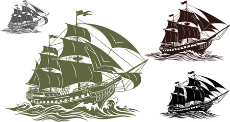 Three vintage sailing ships silhouetted against a black background in a nautical scene © Design