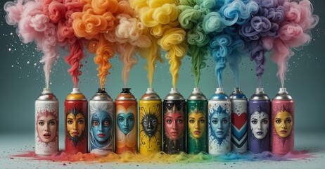 Naklejka premium colorful spray paint cans releasing vibrant, artistic portraits of diverse women with swirling smoke effects.