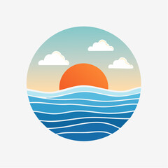 Circular Graphic of a Vibrant Orange Sun Setting Over Blue Wavy Ocean Under a Gradient Sky with White Clouds