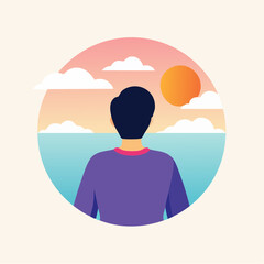 Man Stands Looking Out At A Calm Ocean Under A Sunset Sky With Fluffy Clouds