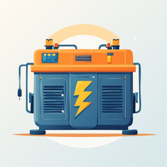 Industrial electrical generator with yellow lightning bolt symbol and orange top panel detailed illustration on white background