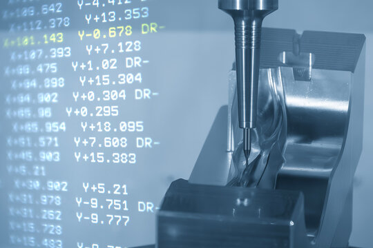 Abstract scene the CNC milling machine finish cut the mold parts and NC data background.