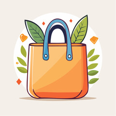 Orange Canvas Tote Bag With Blue Straps Surrounded By Green Leaves And Orange Shapes On A Light Peach Background With Soft Lighting