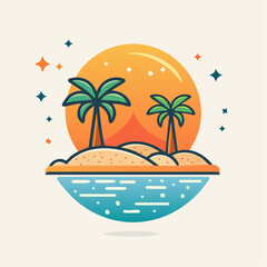 Pixel Art Island Paradise With Palm Trees And A Large Setting Sun Over Calm Blue Water Under Starry Sky