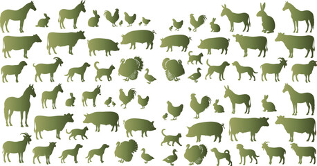 Pixelated farm animals arranged in rows against a black background in olive green