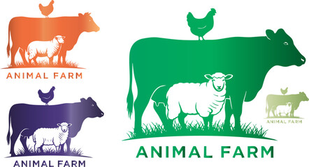 Animal farm logo featuring cow sheep and chicken in various color gradients
