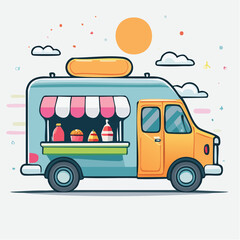 Colorful Food Truck with Sun and Clouds in a Cheerful Outdoor Scene