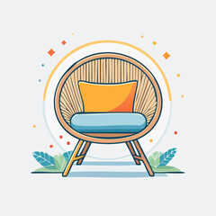 Woven Round Chair With Orange Pillow And Blue Cushion Neutral Background With Colorful Accents And Greenery And Light Ring Decoration