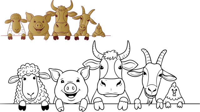 Farm animals sheep pig cow goat and chicken peeking over a fence illustration