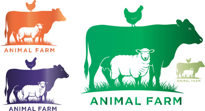 Animal farm logo featuring cow sheep and chicken in various color gradients
