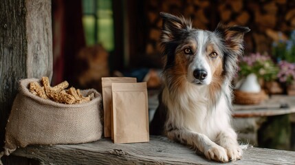 Dog relaxing by the counter with dog treats and brown paper bags in a cozy setting