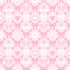 A cute pastel coquette seamless pattern featuring soft ribbons, bows, hearts, and delicate decorative elements. Perfect for gift wrapping, scrapbook paper, stationery design, textile prints, and girly