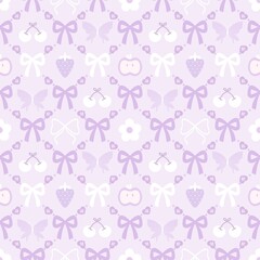 A cute pastel coquette seamless pattern featuring soft ribbons, bows, hearts, and delicate decorative elements. Perfect for gift wrapping, scrapbook paper, stationery design, textile prints, and girly