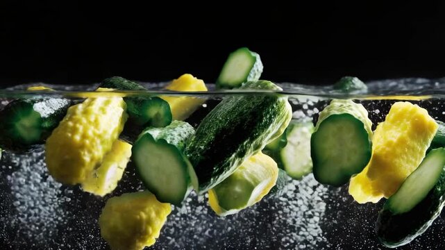 Cucumber slices and pineapple chunks splashing into water.