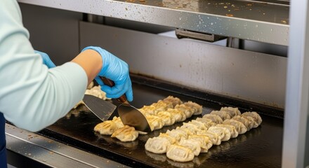 A professional chef wearing blue disposable gloves expertly flips rows of pan-fried Asian dumplings on a hot commercial griddle