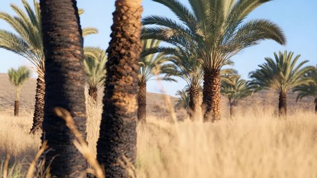 Close-up of palm tree trunks in a sunlit grove with tall dry grasses between them.
