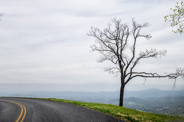 Car point of view driving on winding curve road in Blue Ridge mountains parkway in Virginia with paved asphalt road and cloudy overcast sky