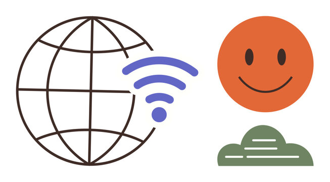 Globe with wireless waves, smiling face, and abstract cloud shape. Ideal for technology, communication, connection, positivity, internet access global reach future innovation. Simple flat metaphor
