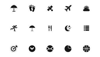 Set of 15 Universal Black Glyph Icons Including Travel, Weather, Health, Sport, Navigation, and Business Symbols in a Simple and Modern Vector Collection.