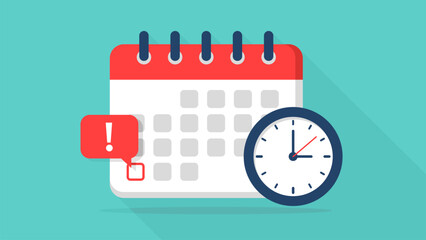 A clean flat-style illustration of a calendar with a clock and an alert notification icon, symbolizing reminders, deadlines, schedules, time management, planning, and important events.