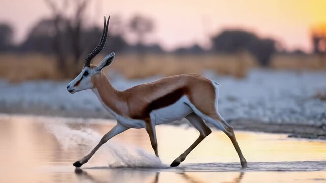 An antelope with long curved horns runs along a wet shoreline at sunset.