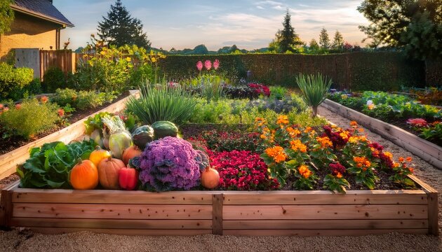 a vibrant raised garden bed overflowing with a bountiful harvest of fresh produce and colorful blossoms