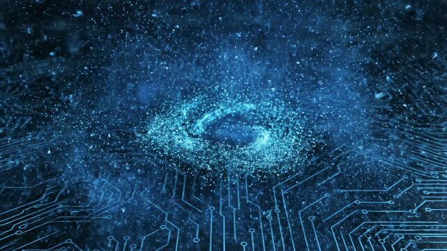 Rapid digital particle disintegration sequence where glowing blue shards dissolve completely into dark technological background transfer, rapid, empty