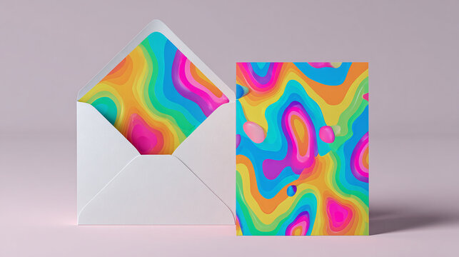 A Colorful Abstract Design on a card and envelope. The card and envelope show a dynamic design of layered shapes in vibrant colors