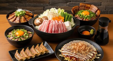 A Japanese food feast featuring a variety of dishes, including okonomiyaki, ramen, gyoza, pork bowl and a hot pot, all set on a dark wood table