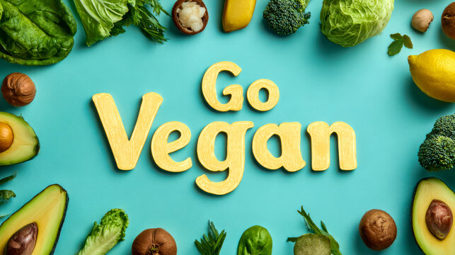 Go Vegan text surrounded by fresh plant-based food