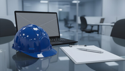 Blue Hard Hat on Glass Meeting Table with Open Laptop and Project Clipboard