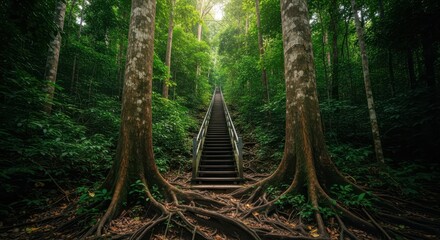 A long, weathered wooden and metal staircase ascends into a dense, lush tropical rainforest in Thailand, framed by two tall, slender trees