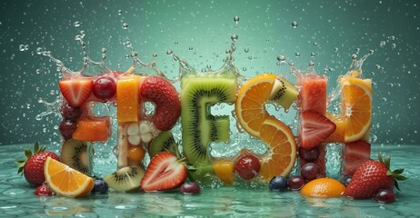 fresh fruit splash spelling the word best with vibrant strawberries, kiwi, oranges and berries in water.