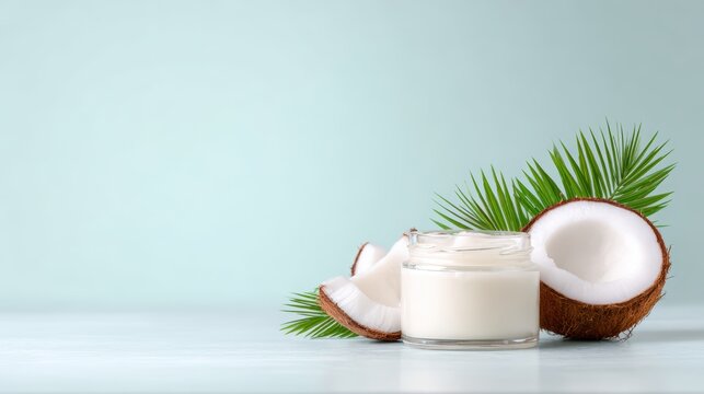 Coconut halves and a glass jar of creamy coconut lotion are beautifully arranged with green palm leaves on a soft blue background, creating a tropical and refreshing ambiance for skincare