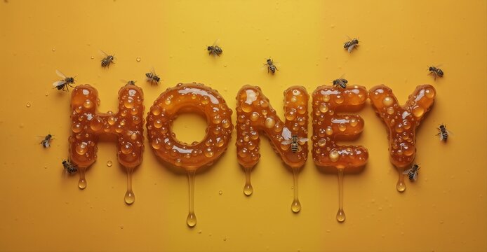 sweet honey typography with dripping texture and surrounding bees on a vibrant yellow background.