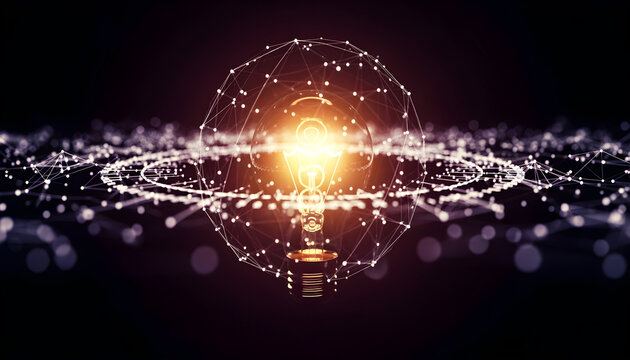 Creative Idea Concept with Edison Bulb and Golden Neural Network Connections - Powered by Adobe