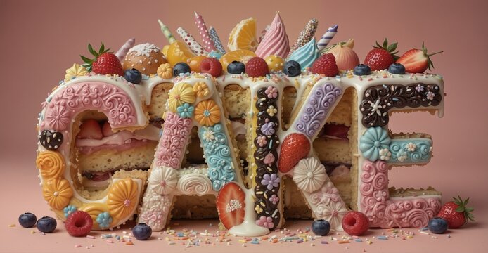 colorful letter cakes spelling "cake" decorated with fruit and frosting, a sweet treat concept.